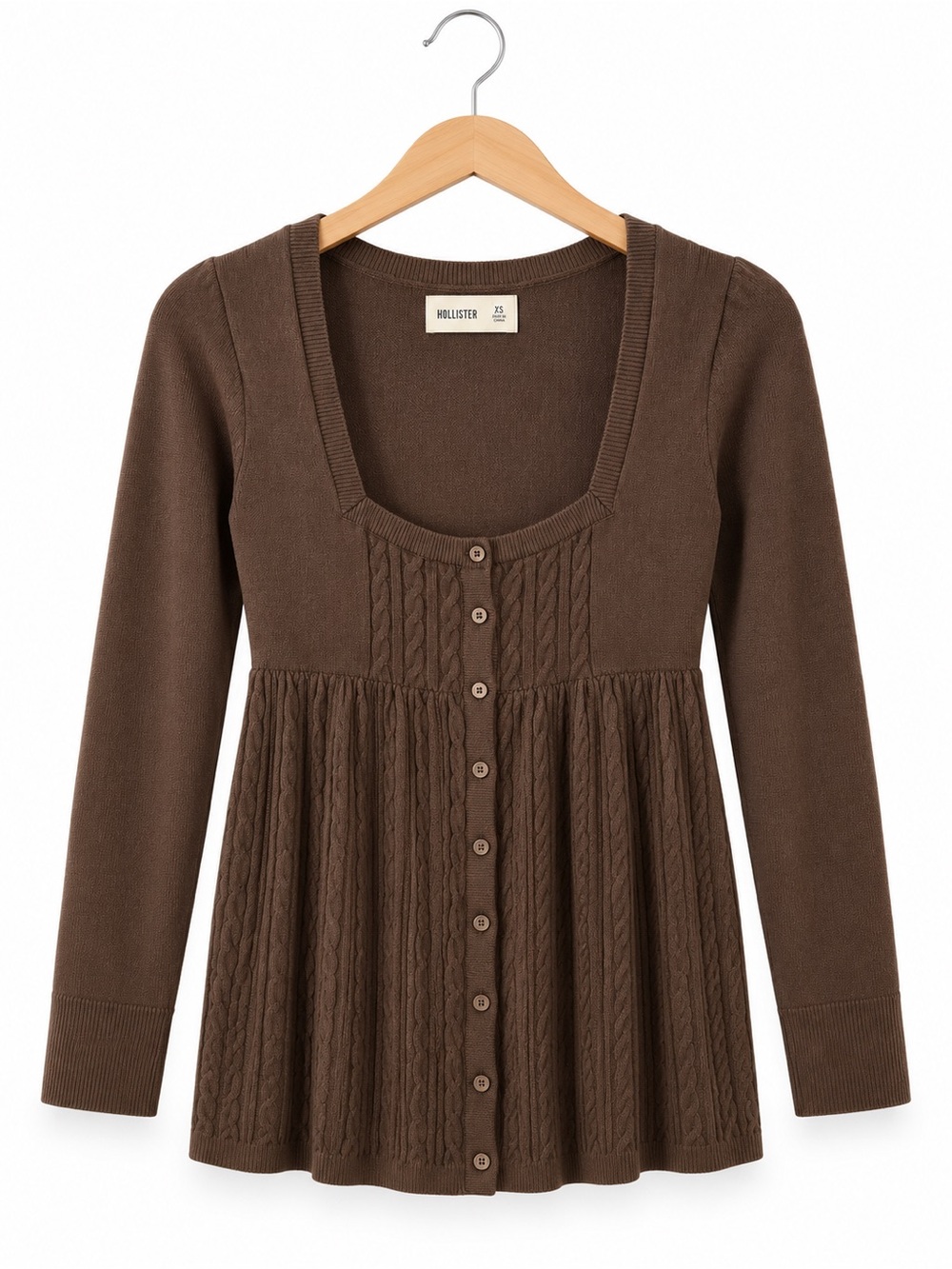 Hollister Brown Cable Knit Babydoll Sweater Top XS Henley Y2K Coquette Boho